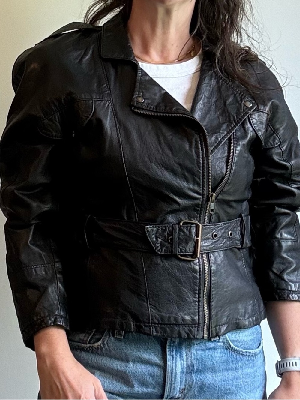 Women's Black Leather Belted Biker Vintage 80s Jacket